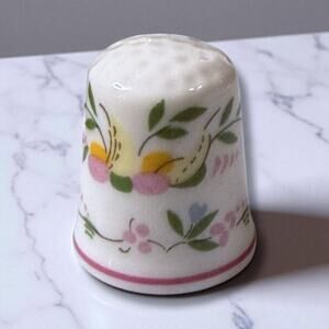 Vintage Coimbra Porcelain Thimble Dimpled White Floral Print Made in Portugal